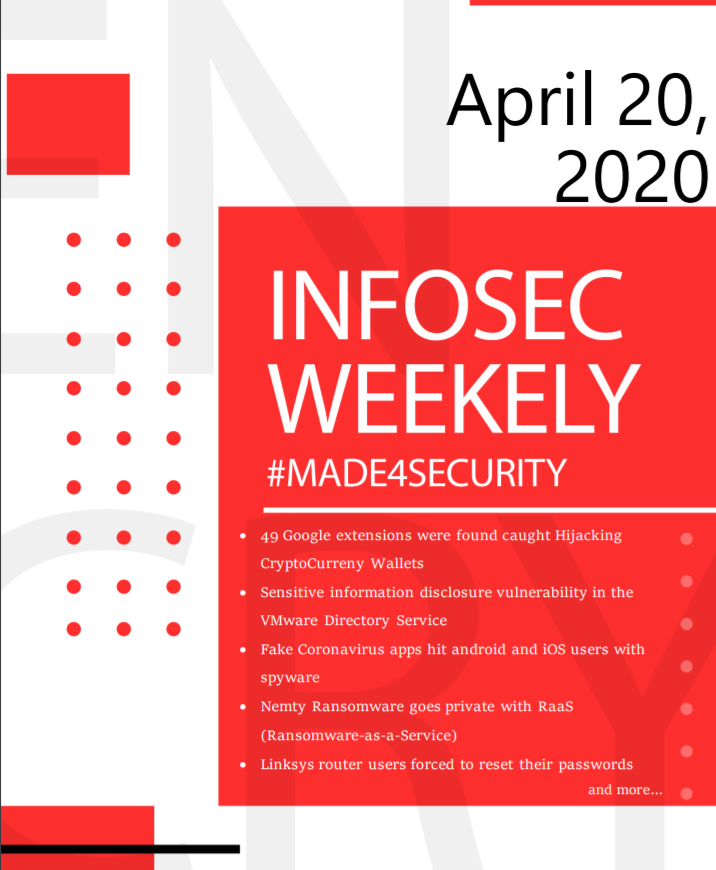 Get updated on cyber security events with this week's infosec-weekly by #CryptoGenNepal
#Made4Security
#ProjectSayCure #StaySayCure #SayCure
#CyberSecurity #CyberAware #Share2Learn #MadeForSecurity

Download Link:
infosec.cryptogennepal.com/2020/04%20-%20…