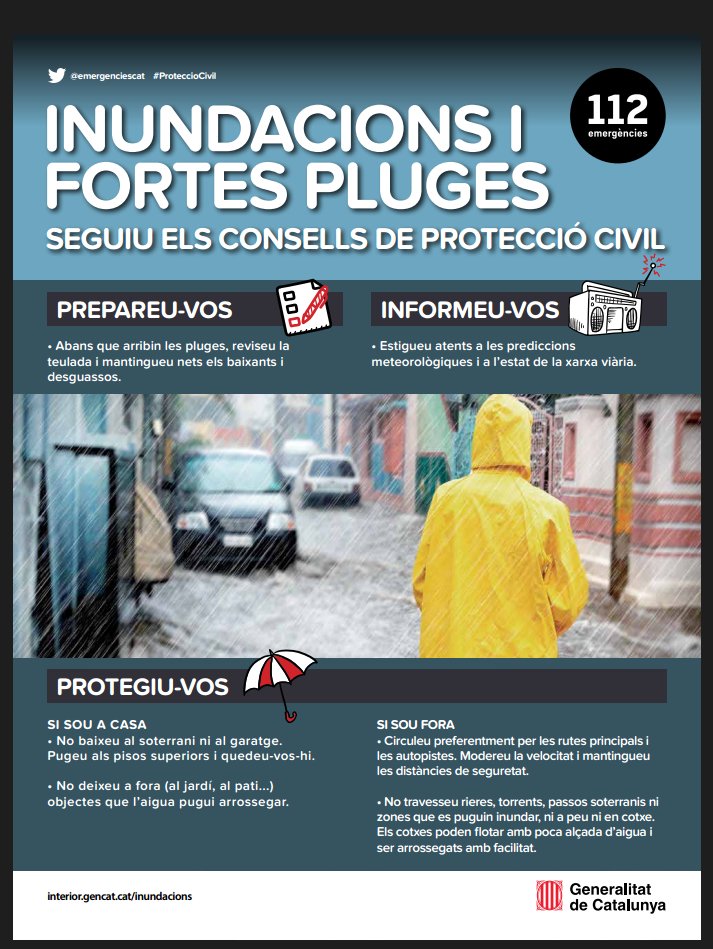 ProteCivilSAB's tweet photo. Demà i dimecres s'ha activat en ALERTA el pla INUNCAT. S'espera acumulació de pluja > 100 l /24h i onades > 2,5m que dificultarà el desguàs dels rius. Precaució! @AjSantAdria @PoliciaLocalSAB https://t.co/5uGzqTzzAc
