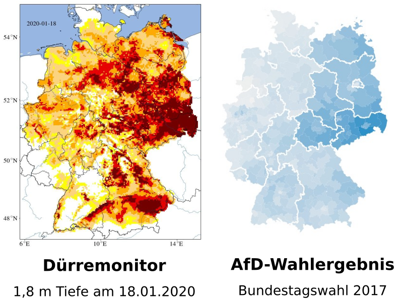 ausserfriese's tweet photo. Ist eigentlich schon mal jemandem aufgefallen, dass die regionale Verteilung der AfD-Wählerschaft frappierend mit dem Dürremonitor für 1,8m (sic!) Bodentiefe korreliert? Und jetzt Ihr! #Duerre #klimawandel #FCKAFD https://t.co/cA1EwufnKC