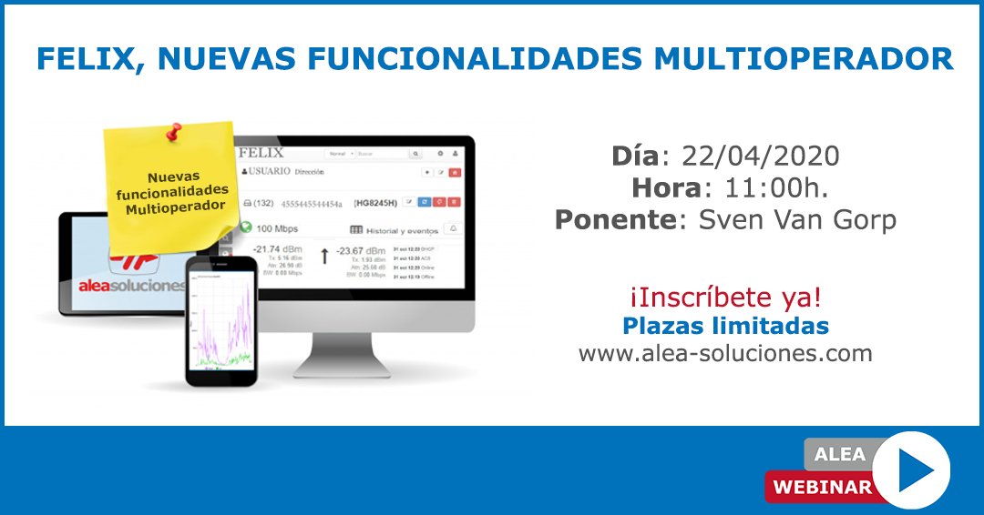 AleaSolucionesS's tweet photo. #Webinar de @aleasoluciones sobre las nuevas funcionalidades #Multioperador de nuestro #SistemaProvisión #Felix. ¿Te apuntas? 

Será el miércoles, 2️⃣2️⃣ a las🕚11:00h.  
Inscríbete aquí: https://t.co/mlr2W0oUyq https://t.co/ThiYbyHqbR