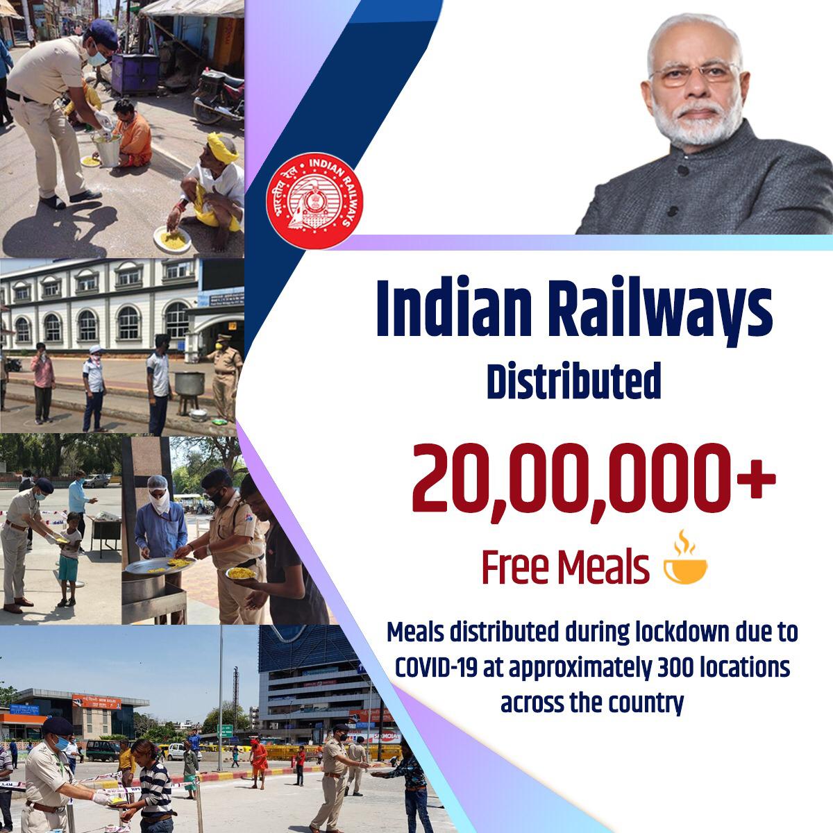 PiyushGoyal's tweet photo. Service in Times of COVID-19: Following PM @NarendraModi ji’s principles, Railways has taken steps to ensure welfare &amp; good health of the people.

Safeguarding the needy, Railways has distributed more than 20 lakh free meals across India during lockdown

📖https://t.co/mXihFV03tO https://t.co/wSobQb0g9g