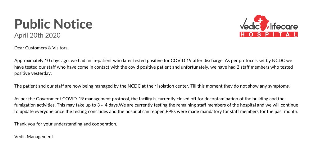 Vedic Lifecare Good Morning We Have A Very Important Notice To The Public Especially If You Had Visited The Hospital In The Last 10 Days