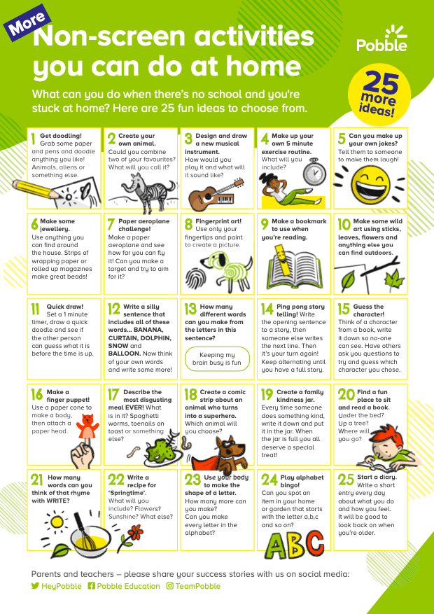 HeyPobble's tweet photo. Our first 25 simple and fun non-screen activities that children can do at home was so popular, we’ve created 25 MORE activities for you! 😃
We're loving seeing your success stories being shared on social media. Please keep them coming! https://t.co/N5emBuwikh 
#mytptctips #fun https://t.co/x1DMcdtYb4