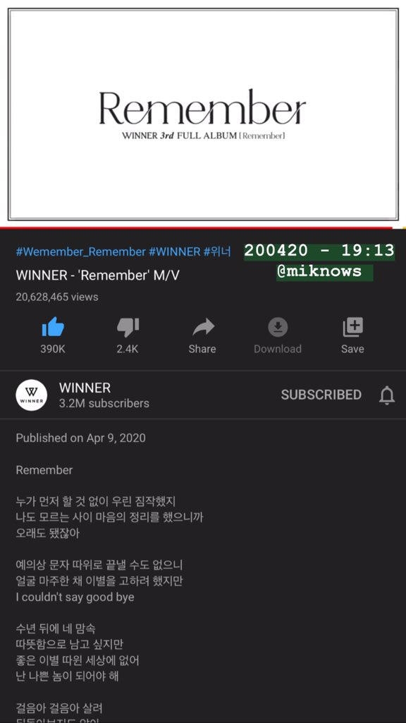 april 20, 2020 - 19:13STREAM REMEMBER #REMEMBERWINNER  #위너_오늘발매_잊지말고_리멤버  #WINNER  #위너  @yginnercircle  @yg_winnercity