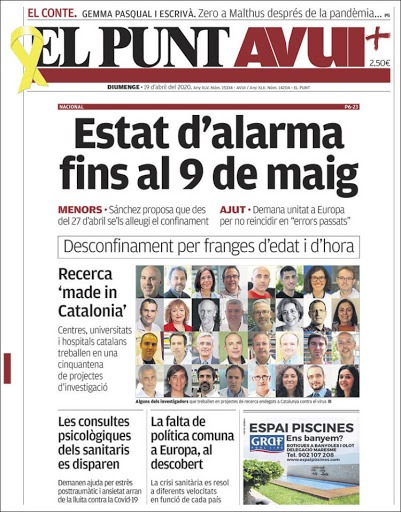 IRBBarcelona's tweet photo. El programa Orfeu pel cribratge massiu de #COVI19 i el projecte #RiPCoN del SBNB lab del @IRBBarcelona que lidera @ptck72, a la portada d'ahir de 📰 @elpuntavui.
➡️https://t.co/cA06A20PTg
➡️https://t.co/mfbeW4rgJG https://t.co/vb26ocw3QO