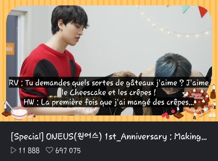 WeusFrance's tweet photo. [Traduction]

La vidéo VLIVE où ONEUS font deux gâteaux à l'issu de leur 1er anniversaire est disponible en sous-titrée français. Dans cette vidéo les garçons font deux gâteaux à l'effigie du groupe tout en rigolant. Tout les sous-titres ne sont pas fait par moi. https://t.co/JCPKExaYDz