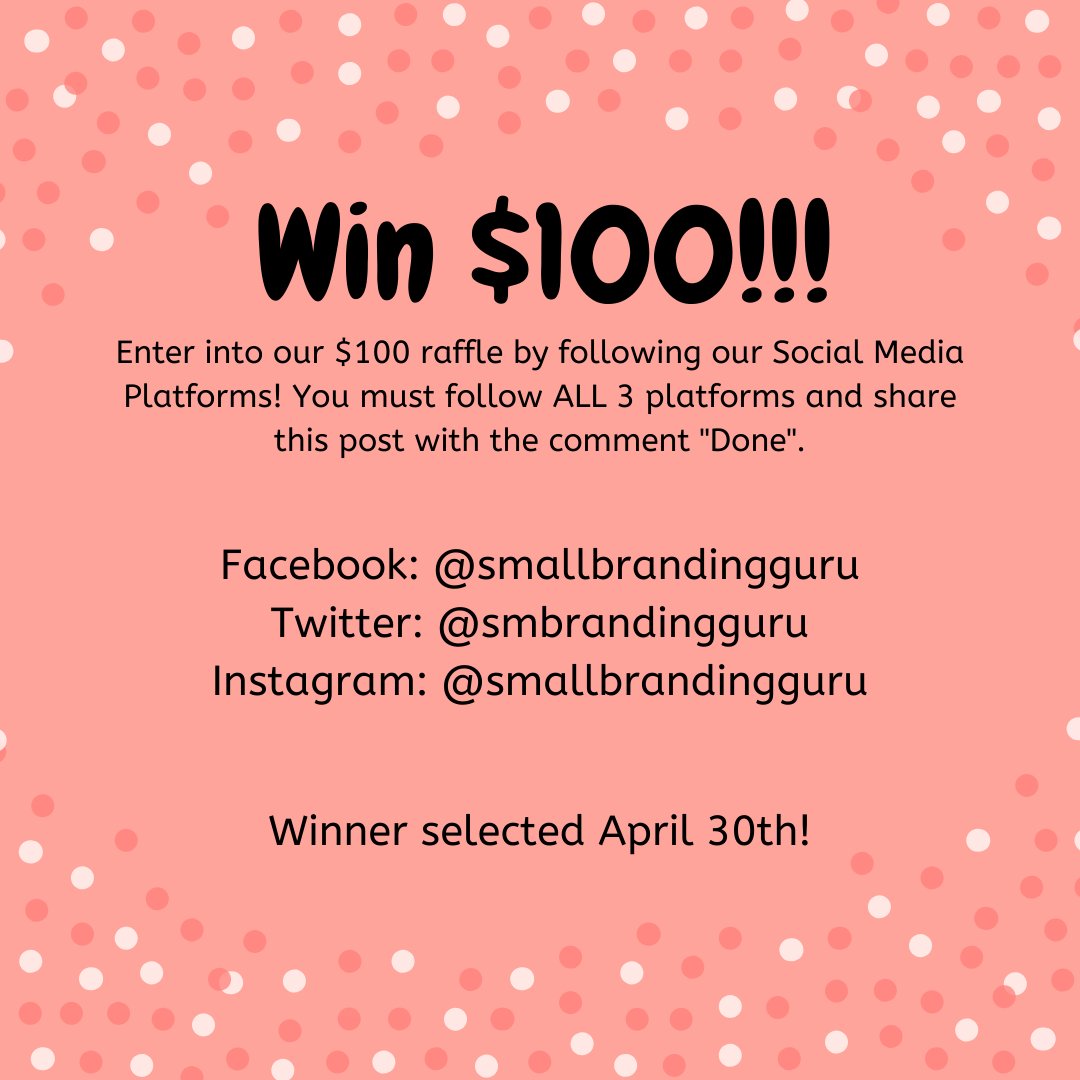 Do you wanna win $100? All you have to do is follow the steps and you'll be entered to win! Winner will be selected April 30th! #raffle #marketing #winner