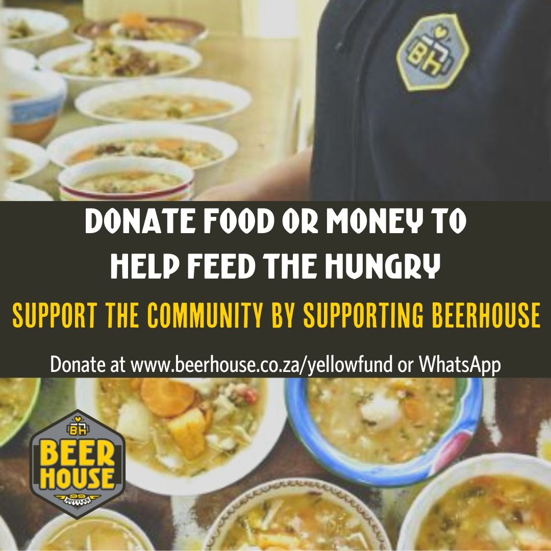 beerhouse_TV's tweet photo. Support your community by supporting Beerhouse, contribute towards our #YellowFund by donating money (https://t.co/rYfBCIj6MG) or contacting us via WhatsApp for food donations: 
Beerhouse on Long: 079 369 8990
Beerhouse Tygervalley: 071 328 0258

#atBEERHOUSE
#soupkitchen https://t.co/zUIOeumGNK