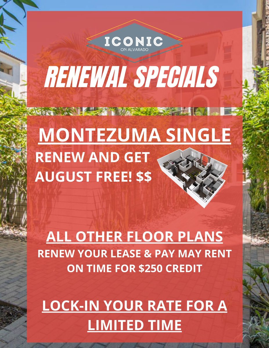 IconicAtSDSU's tweet photo. Attention all Icons! Check out our awesome renewal specials and take advantage of securing your iconic home for next school year, and save money! https://t.co/sFk6gENFlU
