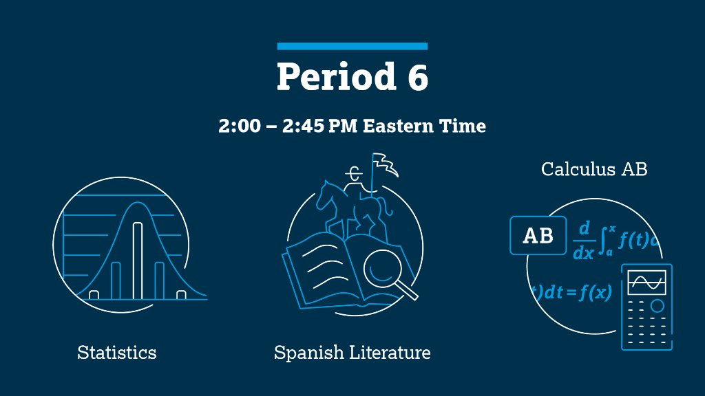These free, live AP review classes begin at 2 pm ET! 

Click your course's link to join the class or set a reminder.

🔷 AP Statistics: youtu.be/dv2NuuOK0Lc
🔷 AP Spanish Lit: youtu.be/rSYVYFTTpwQ
🔷 AP Calculus AB: youtu.be/7vG2OH7w-FE