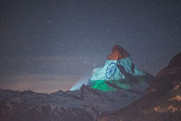 Nriabroad's tweet photo. Indian flag projected onto Matterhorn, a mountain in Alps in Zermatt, a mountain resort renowned for skiing, climbing and hiking, to show solidarity against coronavirus. Zermatt Matterhorn

Image Credits- Copyrights ©️ Light Art by Gerry Hofstetter | Photograph by Gabriel Perren https://t.co/qsXUPLNfBn