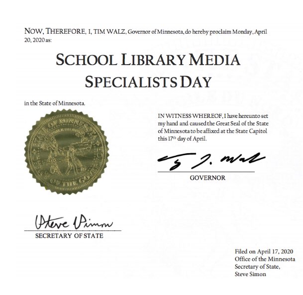 ShierJen's tweet photo. Thank you so much @GovTimWalz @LtGovFlanagan for doing great job in creating MN Proclamation to honor us - School Library Media Specialists Day. We thank you so much for your appreciation of what we do. https://t.co/stynVyNTCh