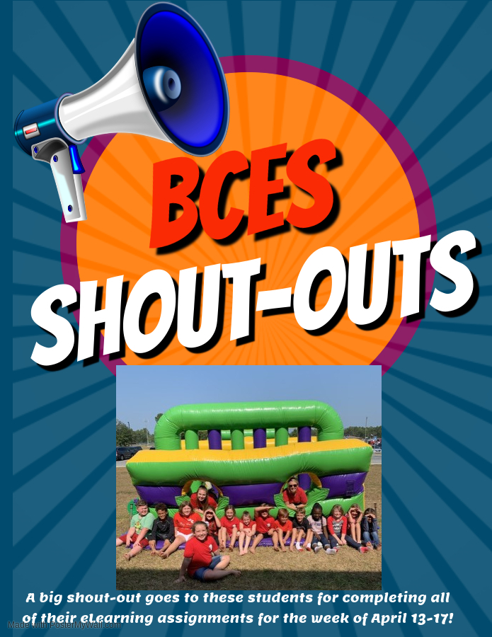 BryanCountyES's tweet photo. Congrats to Mrs. Creech's class for receiving our first shout-out!  Mrs. Creech's entire class completed all eLearning assignments for the week of April 13-17! https://t.co/qrGVfmQHzc