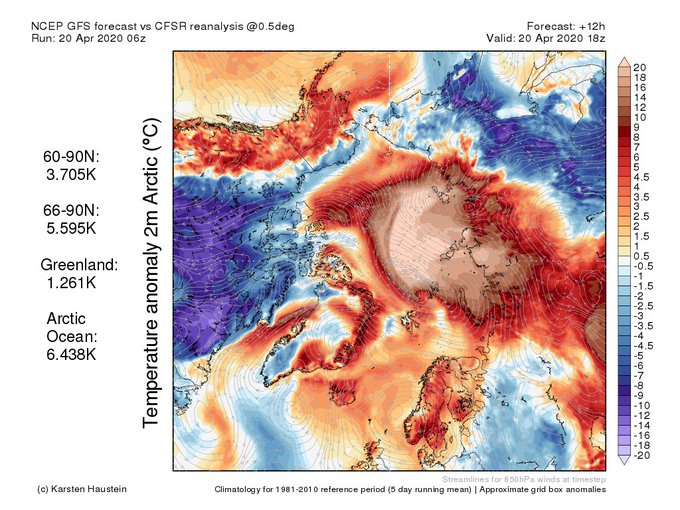Map of Arctic surface air temperature anomalies for today