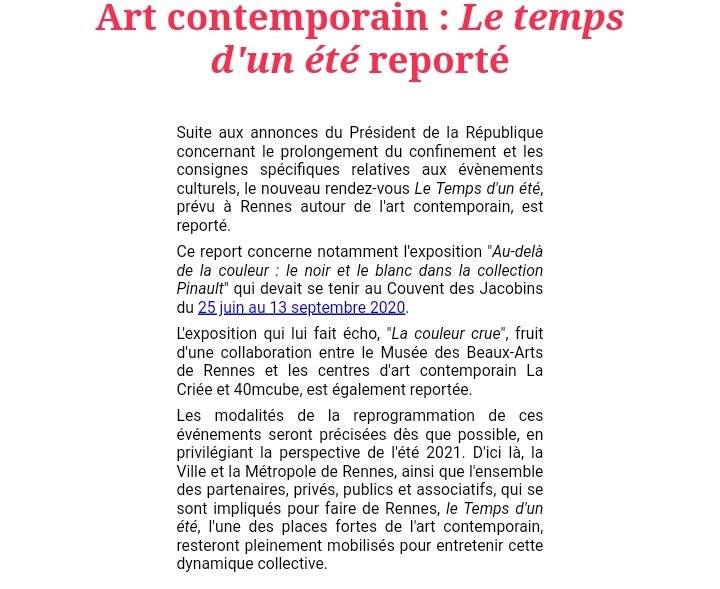 nathalieappere's tweet photo. Du fait des consignes sanitaires, nous avons pris la décision, difficile mais nécessaire, avec la Collection Pinault, de reporter les expositions qui devaient se tenir cet été au Couvent des Jacobins, ainsi qu’au Musée des Beaux-Arts, à la Criée et à 40mcube. #COVIDー19 https://t.co/bOJO3EChY4