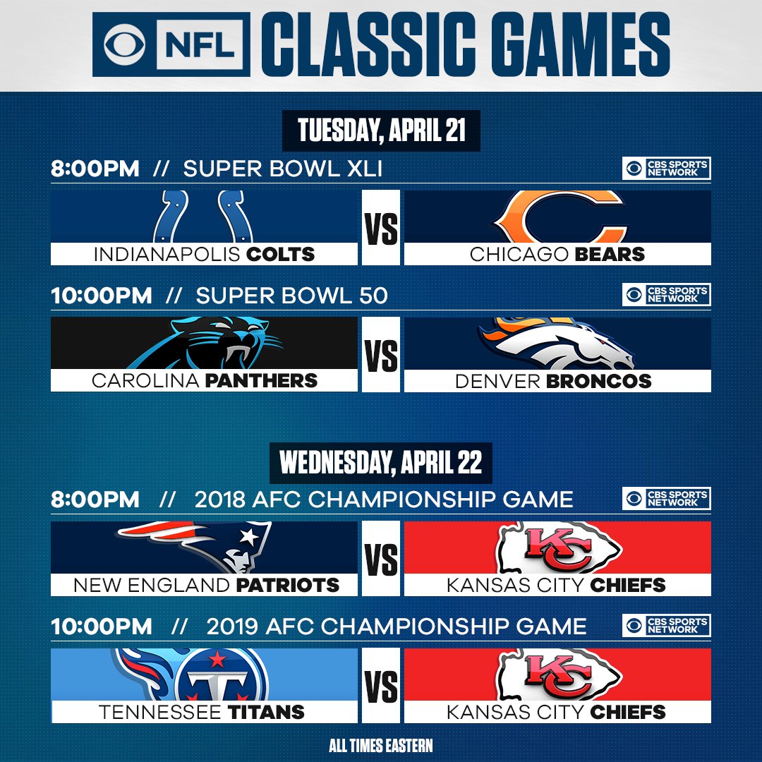 NFL's tweet photo. Two classic Super Bowls.
Two classic AFC Championships. 

Watch the re-airs today and tomorrow on @CBSSportsNet! https://t.co/xwA0VDr07a