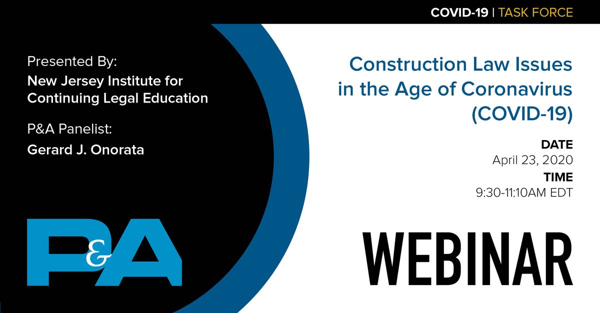 PeckarAbramson's tweet photo. @PeckarAbramson Partner Gerard Onorata will participate in a @NJSBA NJICLE webinar on #ConstructionLaw issues in the age of #COVID19 on April 23: https://t.co/fsqxDEvVvg #construction #coronavirus #webinar #constructionissues #PeckarAbramson https://t.co/koqPD0DM91