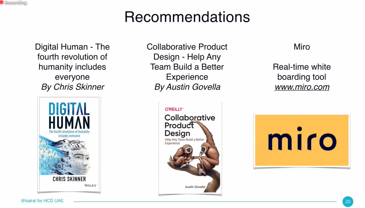 A few recommendations shared by <a href="/katral/">Katral-Nada Hassan</a> in the end of the presentation. Great efforts by <a href="/ux_UAE/">Human Centred Design UAE</a> <a href="/stemaco/">Jonathan</a>  for hosting a wonderful design meetup