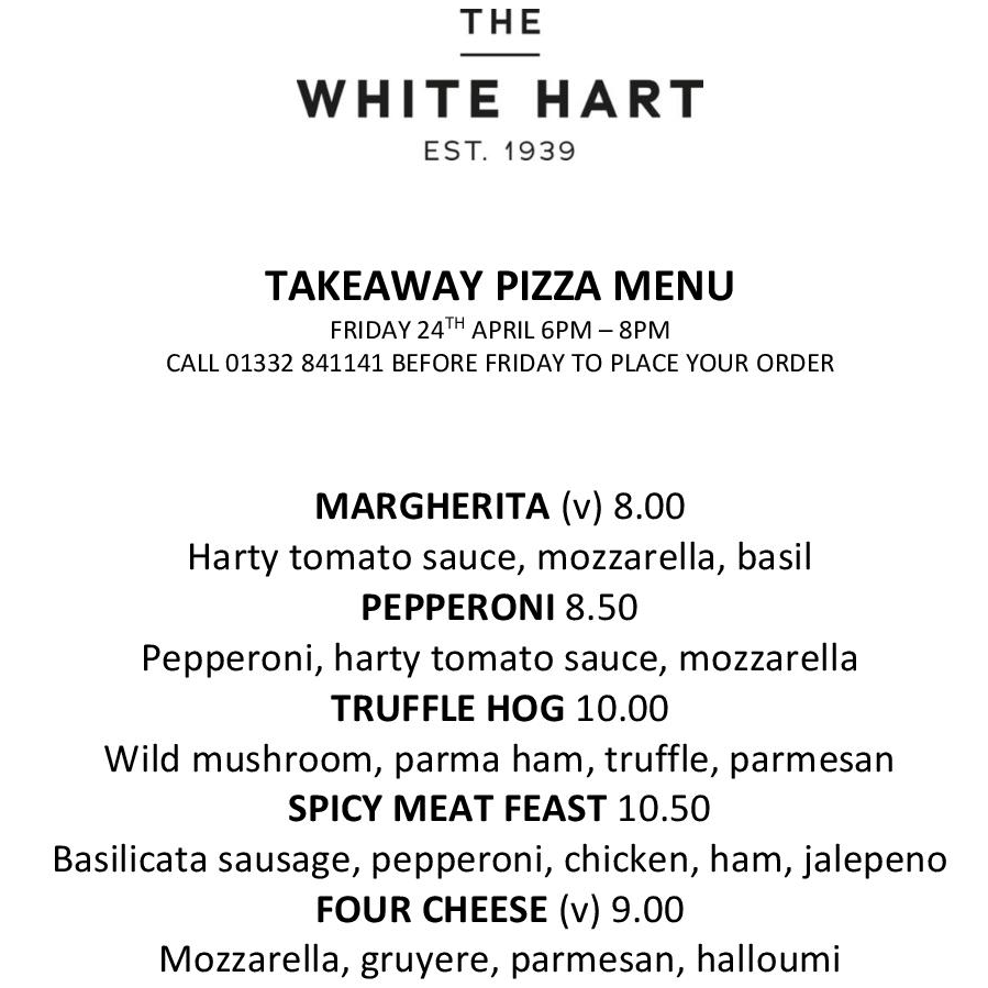 whitehartduff's tweet photo. 🍕WE ARE TAKING PRE-ORDERS FOR TAKEAWAY PIZZA🍕

Call us before Friday on 01332 841141 to place your order. The pick up time is Friday between 6pm-8pm. More information  👉 https://t.co/EvklpwKEDB

@duffieldlife @VisitDerby @vpdd @DuffieldParCoun https://t.co/cV6HjAaIuq