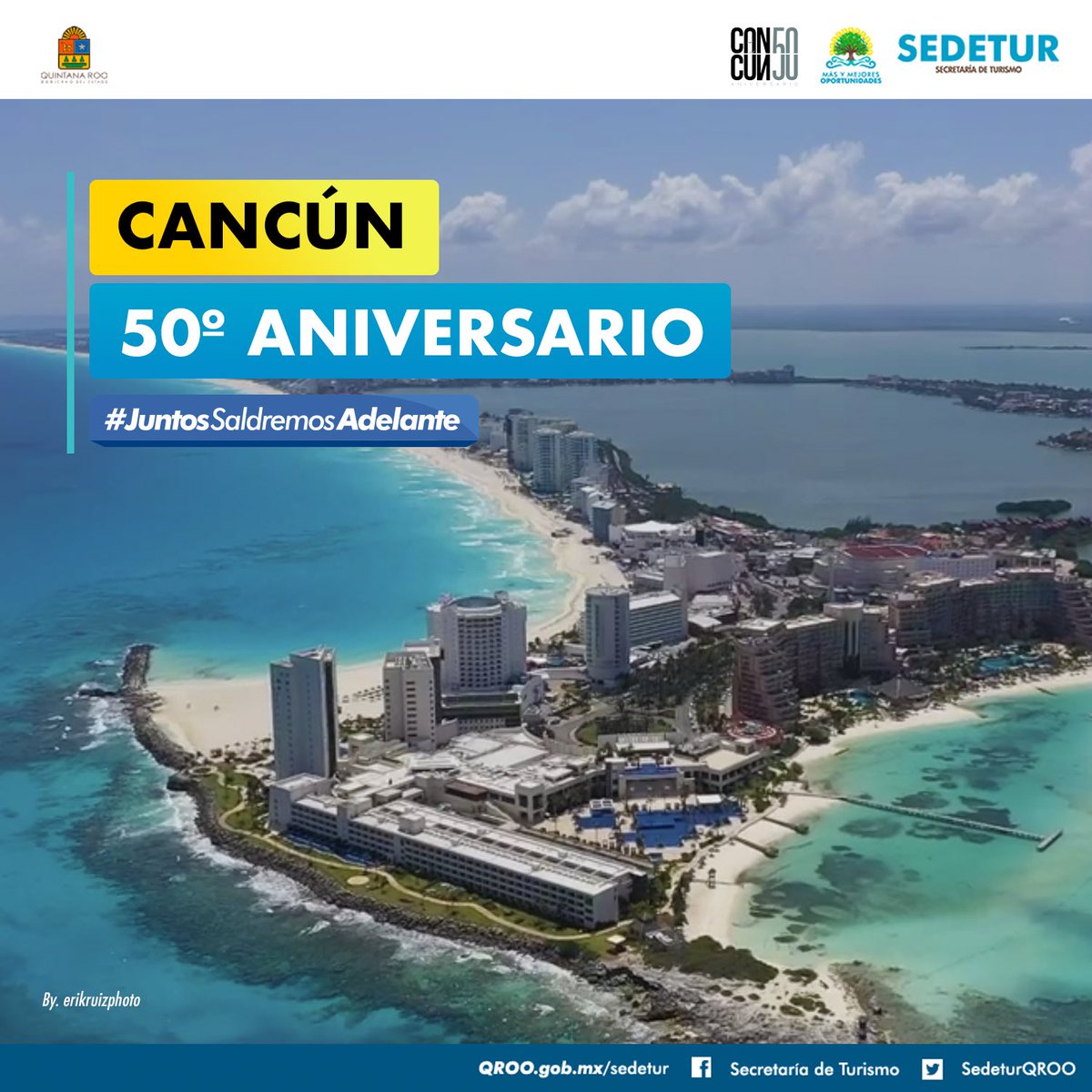 Hoy conmemoramos el 5️⃣0️⃣ aniversario de la joya turística del Caribe Mexicano: Cancún. Este aniversario lo celebramos desde casa, pero más unidos que nunca. #JuntosSaldremosAdelante.