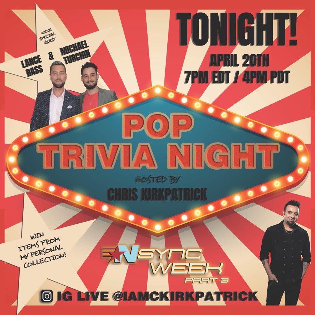 LanceBassCntrl's tweet photo. Join the fun tonight as @LanceBass and @MichaelTurchin join @IamCKirkpatrick for his #PopTriviaNight! You could win items from Chris’ personal collection! @MelindaWEG @kariontour https://t.co/WYr6YAJIJu
