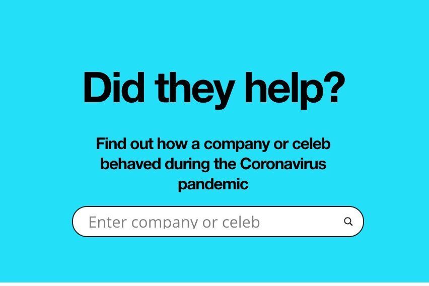 MGreer_PR's tweet photo. New website 'Did They Help?' lets you find out how companies and celebrities have behaved during the Covid-19 pandemic. https://t.co/kxV9MaUKep via @didtheyhelp #COVID19 #Coronavirus #DidTheyHelp https://t.co/kvccfZSWgj