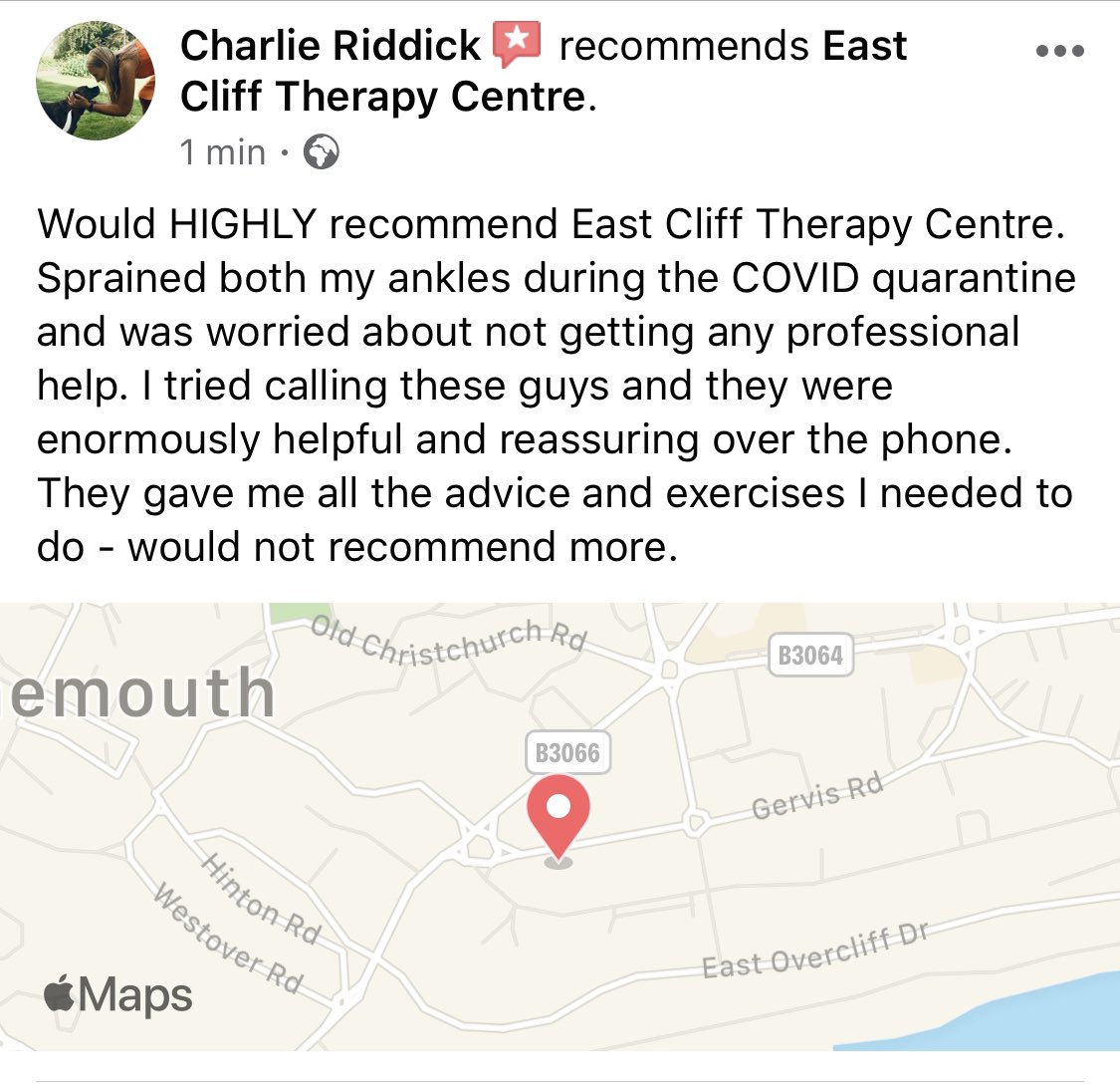 eastcliffphysio's tweet photo. If like Charlie you are worried about your injury and need help but the lockdown is preventing you getting that help. Call us for free! We can help. Contact us 01202 296969 or email : info@eastclifftherapp.co.uk https://t.co/oFMBarrrP7
