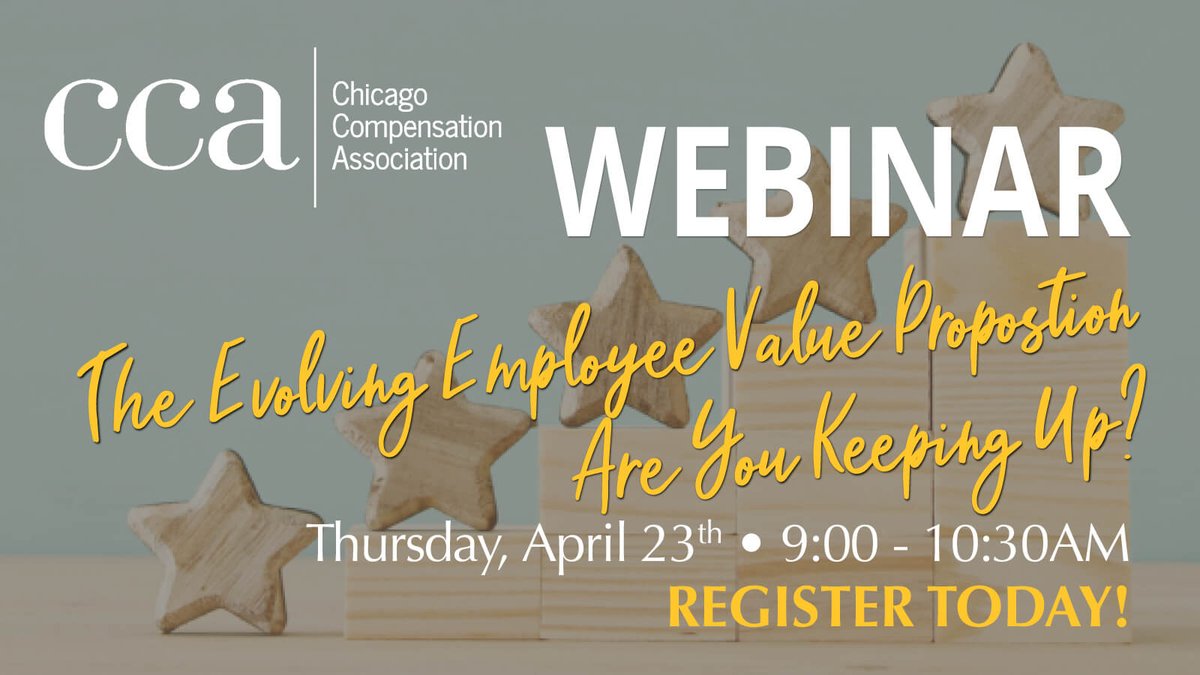#LASTChance to #register for CCA’s Thursday webinar!  As we face a swiftly evolving workforce come review developments in the market with respect to employee value proposition &amp;  how rewards play a role in what organizations offer their employees. ow.ly/lvAS50zjean