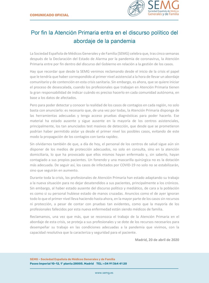 SEMG 🩺 #OrgullososDeEstarALaCabecera👩⚕️👨⚕️ (@semg_es) on Twitter photo La SEMG reclama, una vez que más, que se reconozca el trabajo de la #AtenciónPrimaria en el abordaje de esta crisis, se proteja a sus profesionales y se dote de los recursos necesarios para desempeñar su trabajo en las condiciones adecuadas a la #pandemia que vivimos <a href="/sanidadgob/">Ministerio de Sanidad</a> La SEMG reclama, una vez que más, que se reconozca el trabajo de la #AtenciónPrimaria en el abordaje de esta crisis, se proteja a sus profesionales y se dote de los recursos necesarios para desempeñar su trabajo en las condiciones adecuadas a la #pandemia que vivimos <a href="/sanidadgob/">Ministerio de Sanidad</a>
