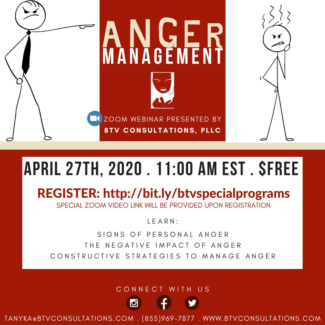 Btvconsultation's tweet photo. ANGER MANAGEMENT WEBINAR
April 27th, 2020 . 11:00 AM EST . $Free 
REGISTER Today! https://t.co/UZXOYFut71
Learn the signs of personal anger, the negative impact of anger and constructive strategies to manage anger. Share. Share. Share.
#btvconsultations #angermanagement https://t.co/UZJ97uq6y2