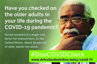 nutritionorg's tweet photo. Many older Americans are homebound and isolated due to #COVID19. Become aware of their risk for #malnutrition and how you can #DoaCOVIDCheck to protect them. https://t.co/oClBDkjGf0 https://t.co/dyfoT6kLKE