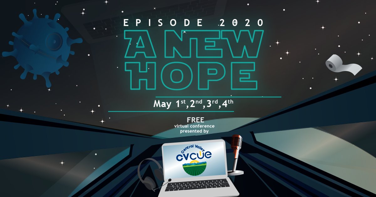 cvcue's tweet photo. These are unprecedented times. 

Educators around globe are adjusting to this new reality.

CVCUE's new mission is to help w/ a free virtual conference May 1-4th

Inspirational stories &amp; Jedi-level PD to keep us united in this battle we're now facing.

https://t.co/vjmm3wlmX9 https://t.co/5YwqjXgJeN