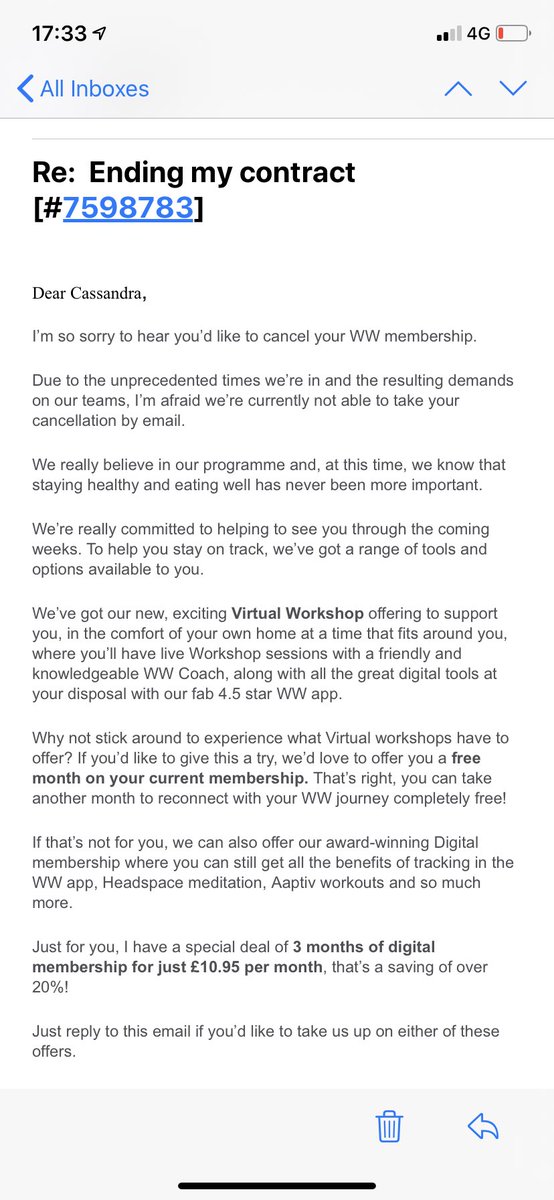 ca55iebennetto's tweet image. Hilarious @ww_uk tried to end my contact by email but you can’t do that but you can put me on another. Oh my I despair 😩 #weightwatchers #CustomerService