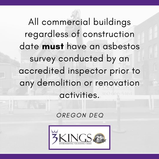 Call3Kings's tweet photo. Oregon DEQ #asbestos survey requirements:

“All commercial buildings regardless of construction date and residential buildings constructed before 2004 must have an asbestos survey conducted by an accredited inspector prior to any #demolition or #renovation activities.” https://t.co/8KBAfczEKL