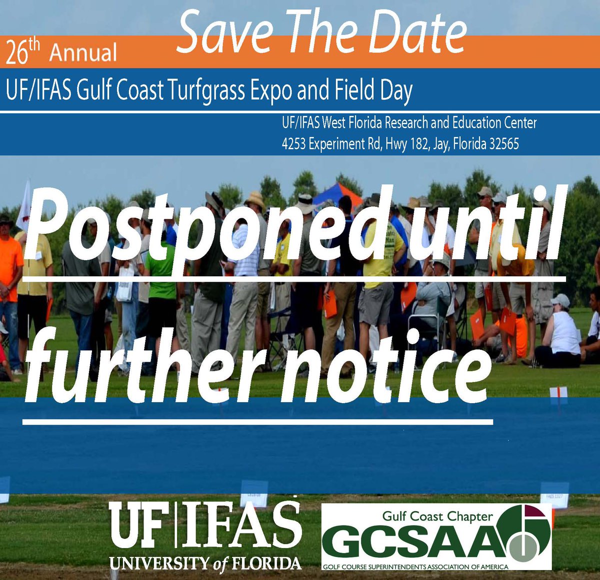 UFIFASWFREC's tweet photo. The 2020 Turfgrass Expo and Field Day has been postponed. Keep an eye out for its new date. @jbunruh @UFTurfTeam #wfrec https://t.co/QWBLXoh5ey