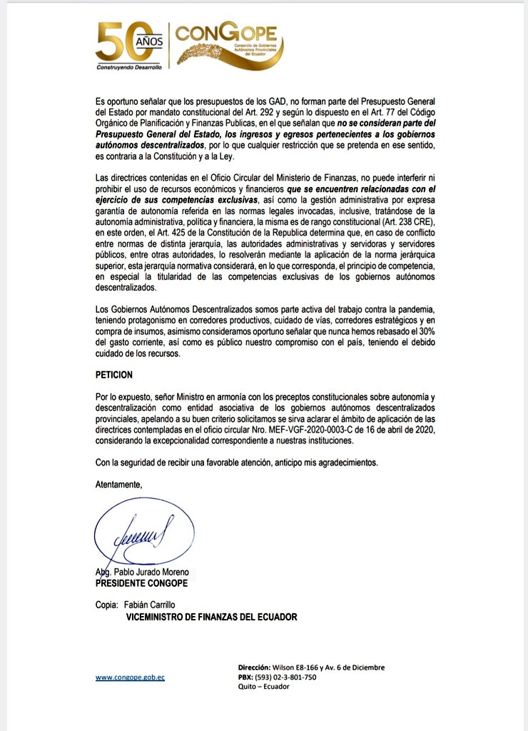 PREFECTOS DEL PAÍS AGRUPADOS EN EL CONGOPE ENVÍAN OFICIO AL GOBIERNO RECHAZANDO LAS MEDIDAS TOMADAS POR LA SITUACIÓN QUE ATRAVIESA EL PAÍS.
LOS PREFECTOS ADUCEN QUE SON AUTÓNOMOS Y PUEDEN HACER, GASTAR Y CONTRATAR LO QUE ELLOS QUIERAN CON LOS DINEROS PORQUE SON AUTÓNOMOS.
