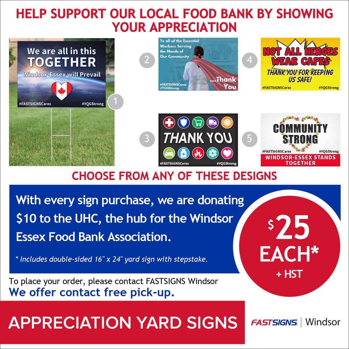 FASTSIGNS658's tweet photo. Help support our local food bank by showing your appreciation! With every purchase; we will be donating $10 to the @UHC_ .To place your order, give us a call at: 519-948-8181 with your credit card to pay for you order, and we offer contact free pick up. #FASTSIGNSCares #YQGStrong https://t.co/3yA9OBIFbh