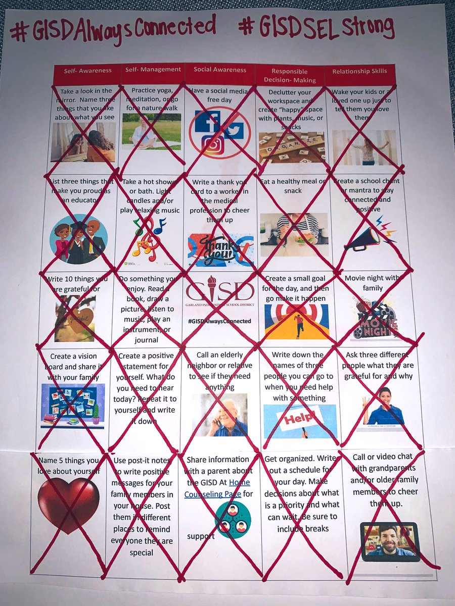 CVLEMusic's tweet photo. I finished the @gisdSEL bingo board! Try it out, it’s fun! 😄#GISDAlwaysConnected #GISDSELStrong https://t.co/kh2qsfoRlx