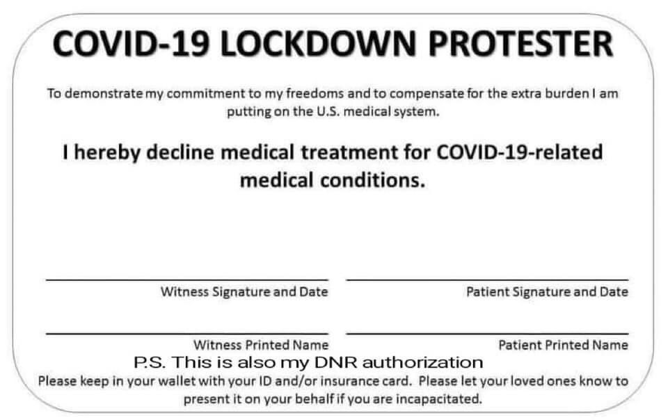 If they want to protest and disobey stay-at-home and social distancing orders, protestors should be forced into a 14 day quarantine at the local high school gym after, and agree to decline medical treatment for the virus.