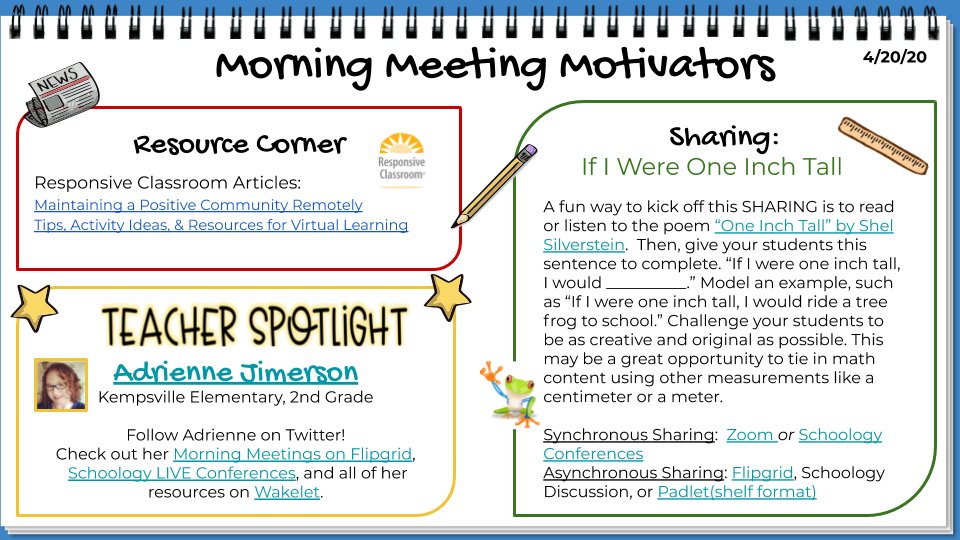 Sansone39's tweet photo. Drum roll please🥁...Introducing Morning Meeting Motivators! Check out this NEW community-building resource. We'll share a Morning Meeting idea each Monday &amp; Wednesday.  Click on the link to view the active slide.  https://t.co/LEuJiDsfLO #VBResponsive #vbalwayslearning #VBSEL 😁 https://t.co/EXJPa3yoaf