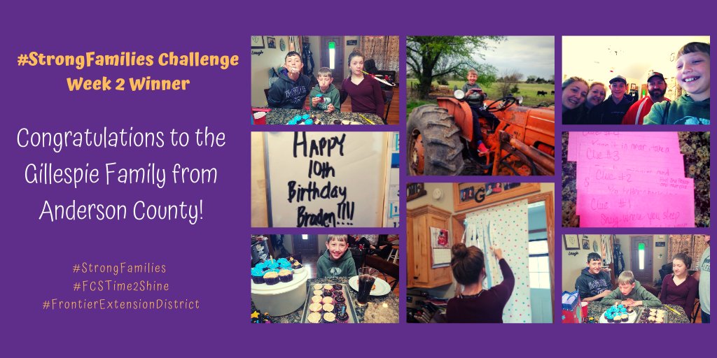 The winners of the #StrongFamilies Challenge - Commitment - Week 2 is the Gillespie Family.  For more information about the winners and this week's challenge, please go to frontierdistrict.k-state.edu/family/strong-…

#FCSTime2Shine