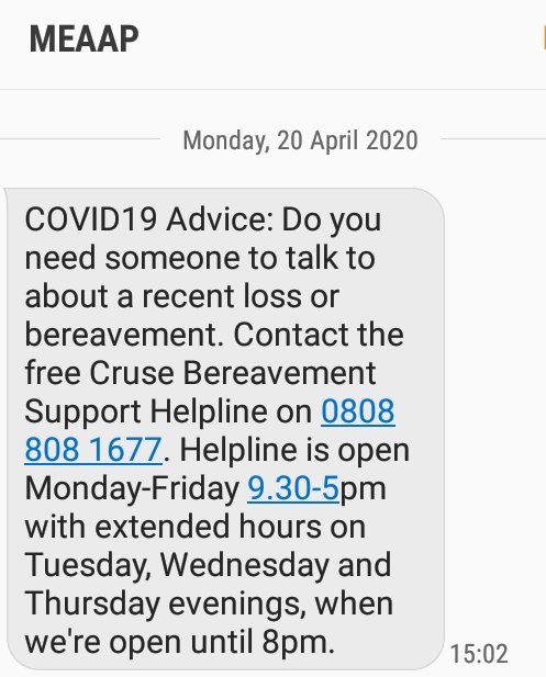 meaapni's tweet photo. Our latest #COVID19 #TextAlert reminding older people who have registered with us in @mea_bc of the great support available via @CruseNI for anyone who has recently lost a loved one. #CompassionateCommunities #DyingMatters https://t.co/NnCeG6hnd5