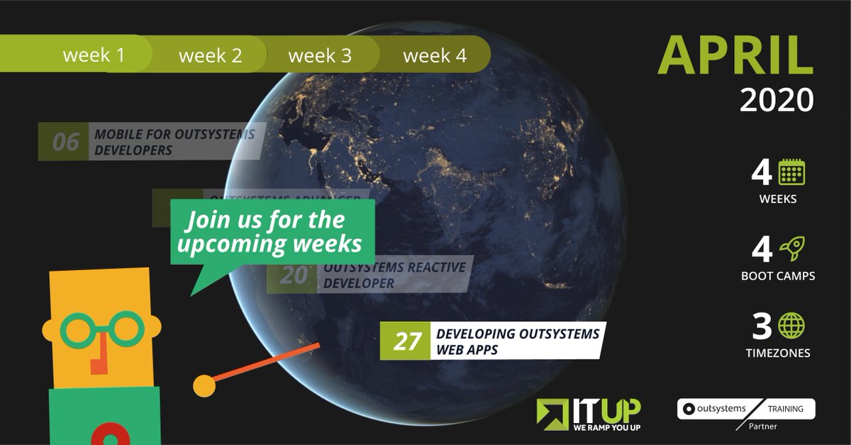 _ITUp_'s tweet image. Week 3 of our “🗓️4 weeks, 🚀4 boot camps, 🌐3 timezones” is starting today! 
If you would like to learn how to develop @OutSystems Web Apps, next week&apos;s program is for you!
Enroll now at itup.pt/outsystems-rem… 

#ITUp #WeRampYouUp #OutSystemsTraining #StayAtHome