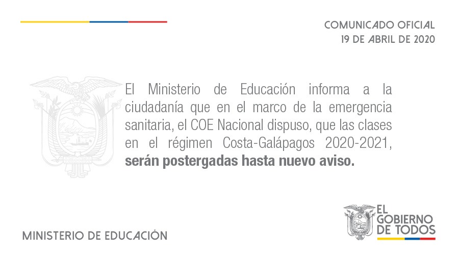 Educacion_Ec's tweet photo. [COMUNICADO] Informamos a la comunidad educativa que ante la emergencia sanitaria, el COE Nacional dispuso que las clases en el régimen Costa-Galápagos 2020-2021, serán postergadas hasta nuevo aviso. Más información ➡️ https://t.co/jDw87XXmjk https://t.co/DDEd7I8BXA