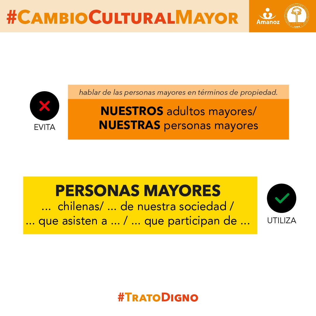 amanozfundacion's tweet photo. En colaboración con la @Socgeriatria hemos elaborado recomendaciones para un buen trato en los medios de comunicación hacia las personas mayores, para contribuir hacia un cambio cultural en Chile. Esperamos que este aporte tenga una buena acogida #cambioculturalmayor #tratodigno https://t.co/vZ5eOFs3BM