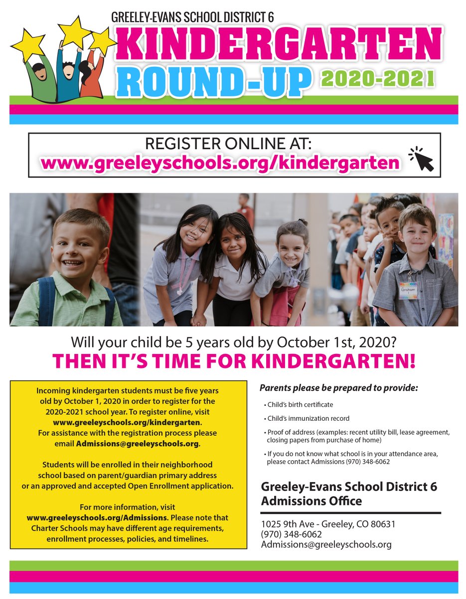 greeleyschools's tweet photo. Will your child be 5 years old by October 1st, 2020? Then it’s time for kindergarten! The online kindergarten admissions application for 2020-21 is now available at https://t.co/rVGpVf8mVN. The online application needs to be completed for all incoming kindergarten students. https://t.co/98nrOZ0iks