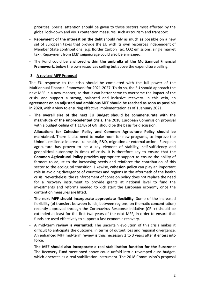 benton_jon's tweet photo. LEAK: Spain's non-paper on EU Recovery Strategy.
Key points:
🔴Recovery Fund with at least €1-€1.5 trillion
🔴Post-crisis investment should be green and digital
🔴#MFF must be increased, flexible &amp; focused on stabilisation 
🔴Full tax harmonization &amp; ending unfair tax practices https://t.co/lla48542Xd