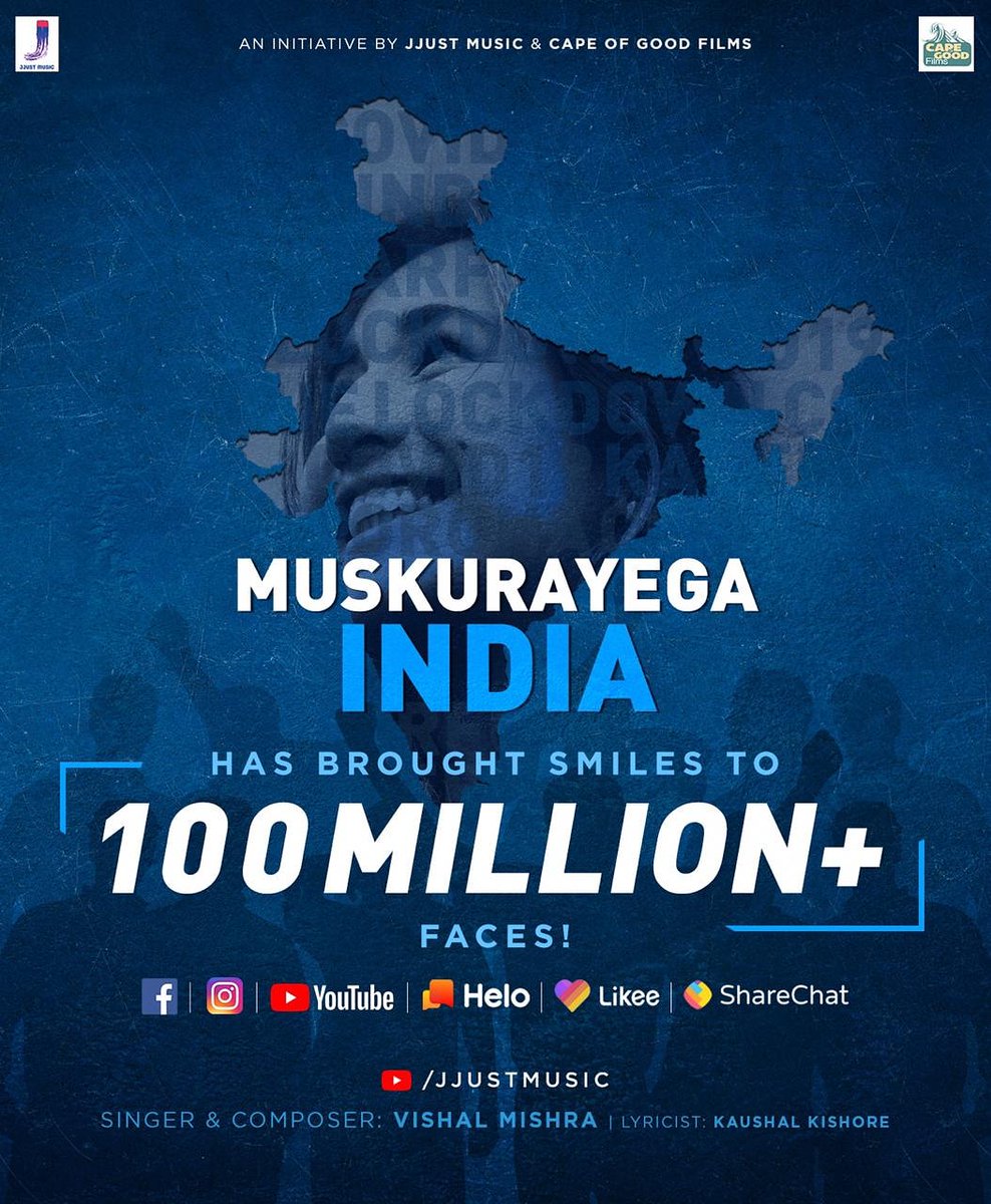 Jjust_Music's tweet photo. #MuskurayegaIndia has brought smile and hope to 100 Million+ people. Thank you all for supporting us in this endeavor 🙏
Jo saath de saara India, phir jeet jayega India 🇮🇳

@akshaykumar @jackkybhagnani @vishalmmishra #CapeOfGoodFilms   @MeKaushalkishor @utimutualfund @starindia https://t.co/ufD15Ls8SM