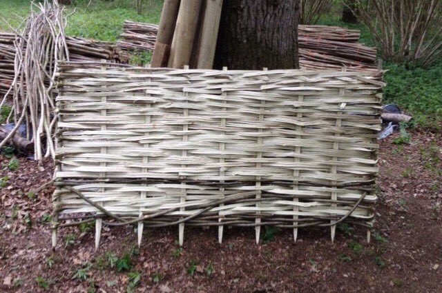 This is a hurdle made using mostly split rods but some smaller round rods are twisted to hold it together. Split wood lasts longer and produces a tighter weave. Similar hurdles were found near Glastonbury preserved in a peat bog from the Neolithic era. 4/