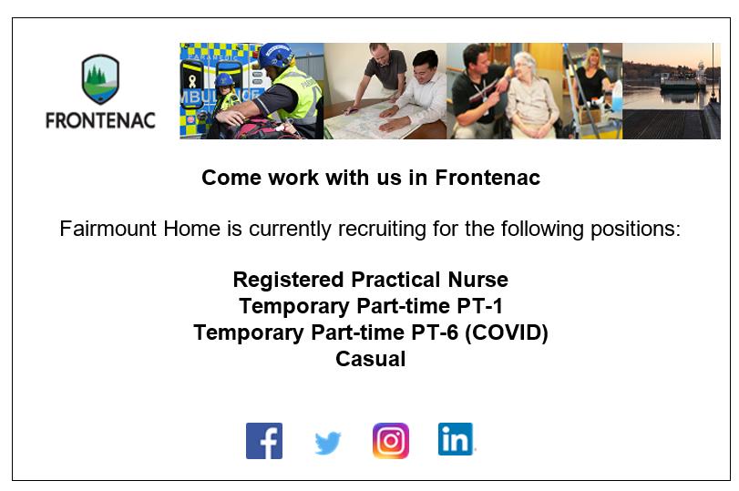 FrontenacCounty's tweet photo. Come work for us at #FairmountHome, our long-term care home. We are recruiting for a Registered Practical Nurse
For details on all available opportunities and how to apply visit our careers section at https://t.co/0XO2HpZkDe
#FrontenacRecruits https://t.co/5LdCXhPjf0